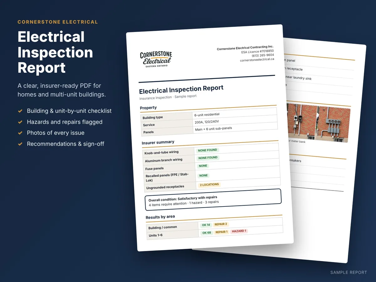 Sample Cornerstone Electrical inspection report showing the insurer summary, overall condition and results by area
